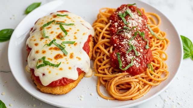 A white plate on a white marbled surface holds two main parts: on the left, a breaded chicken cutlet topped with a thick layer of melted white mozzarella cheese, slightly browned and bubbly in spots, and a layer of red tomato sauce peeking through beneath the cheese, sprinkled with small green basil pieces; on the right, a serving of spaghetti covered in red tomato sauce, the noodles lightly coated and twisted in loose loops, also garnished with small green basil bits and a light dusting of white grated cheese; the plate's edge is clean and simple, with some scattered basil leaves and grated cheese crumbs around it. Photo taken with an iphone --ar 4:5 --v 7