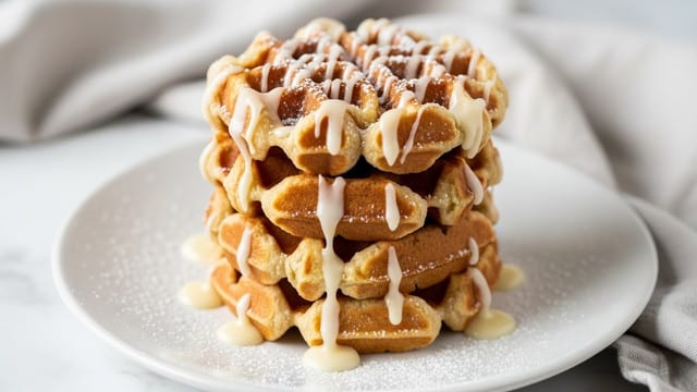 The image shows a stack of four small golden-brown waffles on a white plate. The waffles have a crispy texture with square indentations and are drizzled with creamy white icing that slowly drips down the sides. Light, powdered sugar is sprinkled over the top and around the plate, adding a soft white contrast to the warm tones of the waffles. The plate is placed on a white marbled surface with a soft, neutral-colored cloth partially visible in the background. The lighting highlights the texture and colors of the waffles, making them look warm and fresh. photo taken with an iphone --ar 4:5 --v 7