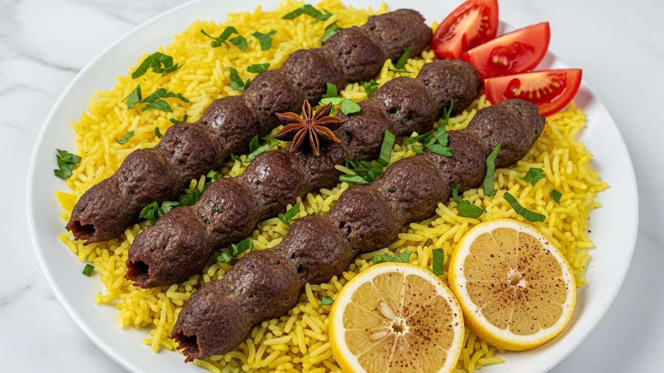 The image shows a white plate filled with yellow rice that is fluffy and garnished with green herbs and a single star anise on top. On the rice, there are four dark brown grilled meat skewers, each sprinkled with chopped green herbs. The bottom right of the plate has three thin lemon slices lightly dusted with a dark spice, and the top right corner shows a few red tomato slices. The plate sits on a white marbled surface. photo taken with an iphone --ar 4:5 --v 7