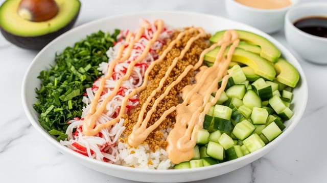 The dish is served in a white bowl on a white marbled texture, divided into several distinct sections. On one side, there is a layer of green chopped leafy herbs, next to finely chopped white and red crab sticks. Beside that is a portion of white rice topped with a light brown crumbly texture, possibly fried onions or garlic, drizzled with a creamy light orange sauce. On the other side of the bowl, there are slices of pale green avocado and diced light green cucumber. The creamy orange sauce is spread partially over the rice and crab stick layers. In the background, part of a halved avocado and two white bowls filled with sauces are visible. Photo taken with an iphone --ar 4:5 --v 7
