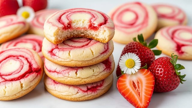 The image shows a group of nine round strawberry cookies with a light beige base and red streaks of strawberry pieces mixed in, placed on parchment paper over a white marbled surface. Around the cookies are whole strawberries with bright red skin and green leaves, as well as some halved strawberries showing their juicy red interior. Small white flowers with yellow centers are scattered among the cookies and strawberries, adding a delicate touch, alongside a white plate filled with more whole strawberries and part of a wooden bowl filled with white sugar visible at the top of the frame. Photo taken with an iphone --ar 4:5 --v 7