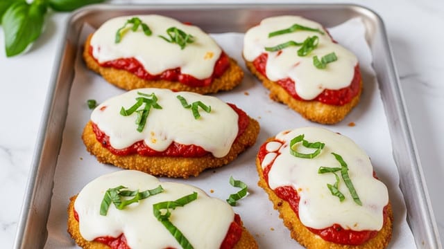This image shows six pieces of chicken Parmesan placed on a silver baking tray lined with parchment paper. Each piece has three layers: the bottom crispy golden-brown breaded chicken, the middle layer of bright red tomato sauce, and a thick top layer of melted white mozzarella cheese that looks smooth and gooey. Small green basil leaves are scattered over the cheese, adding a fresh touch. The baking tray is set on a white marbled surface with a few fresh basil leaves visible in the top left corner. photo taken with an iphone --ar 4:5 --v 7