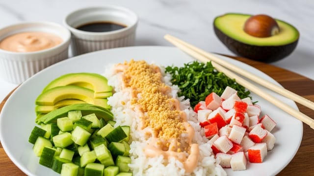 A white plate sits on a wooden surface, filled with five main layers: diced green cucumber cubes on the bottom left; neatly sliced avocado fanned out next to cucumber; a bed of white rice with a drizzle of light pink creamy sauce; finely chopped green herbs beside the rice; and diced white and red crab sticks next to the herbs. There is a sprinkle of crushed nuts or crumbs over the middle, adding texture and topping the sauce. In the background, there is a white ramekin filled with the same pink sauce and another white ramekin with dark soy sauce. A half avocado with pit rests on the wooden surface behind. A pair of light wooden chopsticks lies diagonally on the right side of the plate. The background is a white marbled texture. photo taken with an iphone --ar 4:5 --v 7