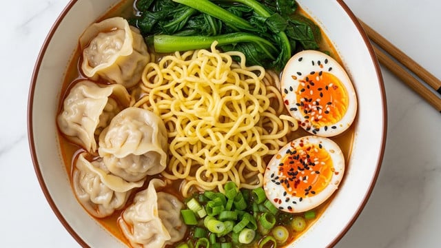 A bowl with a white inside and a brown rim contains a soup dish with four main layers. The bottom layer is a broth with a reddish-orange color, topped with yellow curly noodles filling the center. On the left side, there are four steamed dumplings with a smooth, light beige skin, slightly shiny from the broth. On the right side, two halved soft-boiled eggs with bright orange yolks are placed near the edge, sprinkled with black sesame seeds and red chili flakes. Above the noodles, dark green cooked leafy vegetables sit, and scattered around are chopped green onions adding a fresh green touch. The bowl rests on a white marbled surface, with wooden chopsticks beside it. Photo taken with an iphone --ar 4:5 --v 7