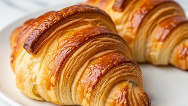 The image shows a close-up of three croissants stacked on a white plate. Each croissant has a golden-brown, shiny crust with visible flaky layers and a slightly crispy texture. The croissants are curved in shape, with the layers creating a spiral pattern on the surface. The background features a white marbled texture, making the croissants the main focus of the image. photo taken with an iphone --ar 4:5 --v 7