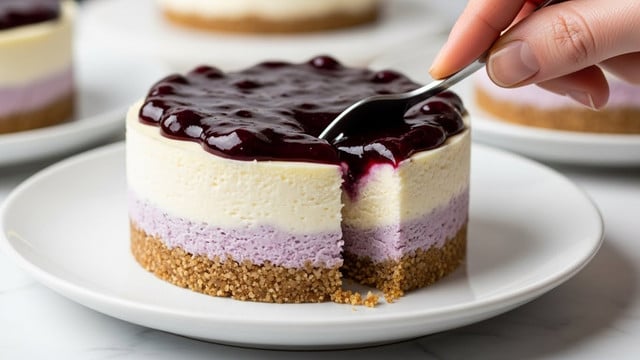 A close-up image of a small round cheesecake with three visible layers, placed on a white plate against a white marbled surface. The bottom layer is a coarse, golden-brown crumb crust. The middle layer is thick, smooth, and creamy white cheesecake filling. The top layer is a glossy, dark purple blueberry topping that spreads unevenly over the cheesecake, with a woman's hand holding a fork cutting into the soft creamy layer, slightly breaking the blueberry topping near the cut. The background shows blurred parts of other cheesecakes. Photo taken with an iphone --ar 4:5 --v 7