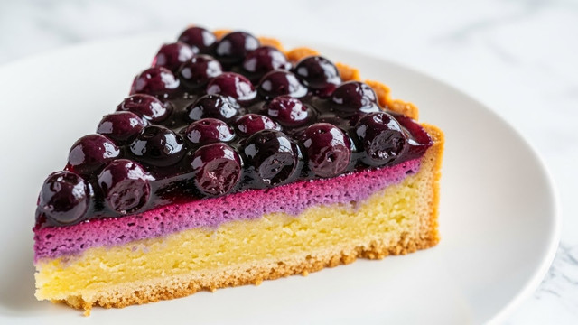 A close-up image of a slice of blueberry tart on a white plate, showing two clear layers: the bottom layer is a dense, yellow cake with a soft texture, while the top layer is glossy and vibrant purple, made of whole and crushed blueberries in a shiny, jelly-like glaze, covering the entire upper surface; the tart slice sits neatly on the plate with slight crumbs at the edge, set against a white marbled texture surface. photo taken with an iphone --ar 4:5 --v 7
