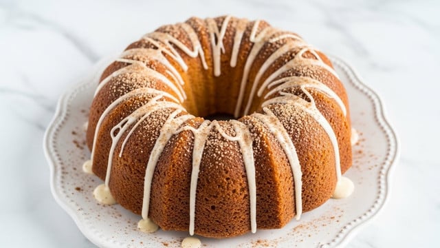 A golden-brown bundt cake sits in the center of a white plate with scalloped edges on a white marbled surface. The cake has one thick layer with deep ridges around the sides. It is topped with thick, white icing drizzled evenly over the ridges in vertical lines. Coarse, light brown sugar crystals cover the icing, with a light dusting of cinnamon powder sprinkled all over the top of the cake and plate. The middle hole of the bundt cake is clearly visible and empty. photo taken with an iphone --ar 4:5 --v 7