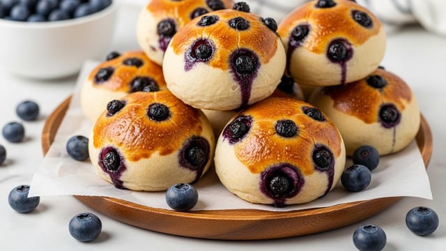 A close-up of seven blueberry buns stacked on a round wooden plate lined with white parchment paper. Each bun has a golden brown top with glossy, slightly crispy texture, showing dark purple blueberry spots bursting through the soft, white dough beneath. Around the plate, several loose fresh blueberries add a deep blue contrast. In the background, a white bowl filled with more blueberries sits blurred. The scene is set on a white marbled surface. photo taken with an iphone --ar 4:5 --v 7