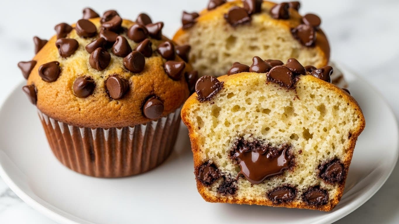 A close-up shot of two chocolate chip muffins placed on a white plate. One muffin is whole, showing a golden-brown top with shiny, melted dark chocolate chips scattered over it. The other muffin is cut in half, exposing a soft, light yellow crumb inside with melty, dark chocolate chips throughout. The muffins have a moist texture with slight browning along the edges, and some chocolate chips are visible at the base. The plate sits on a white marbled texture surface. photo taken with an iphone --ar 4:5 --v 7