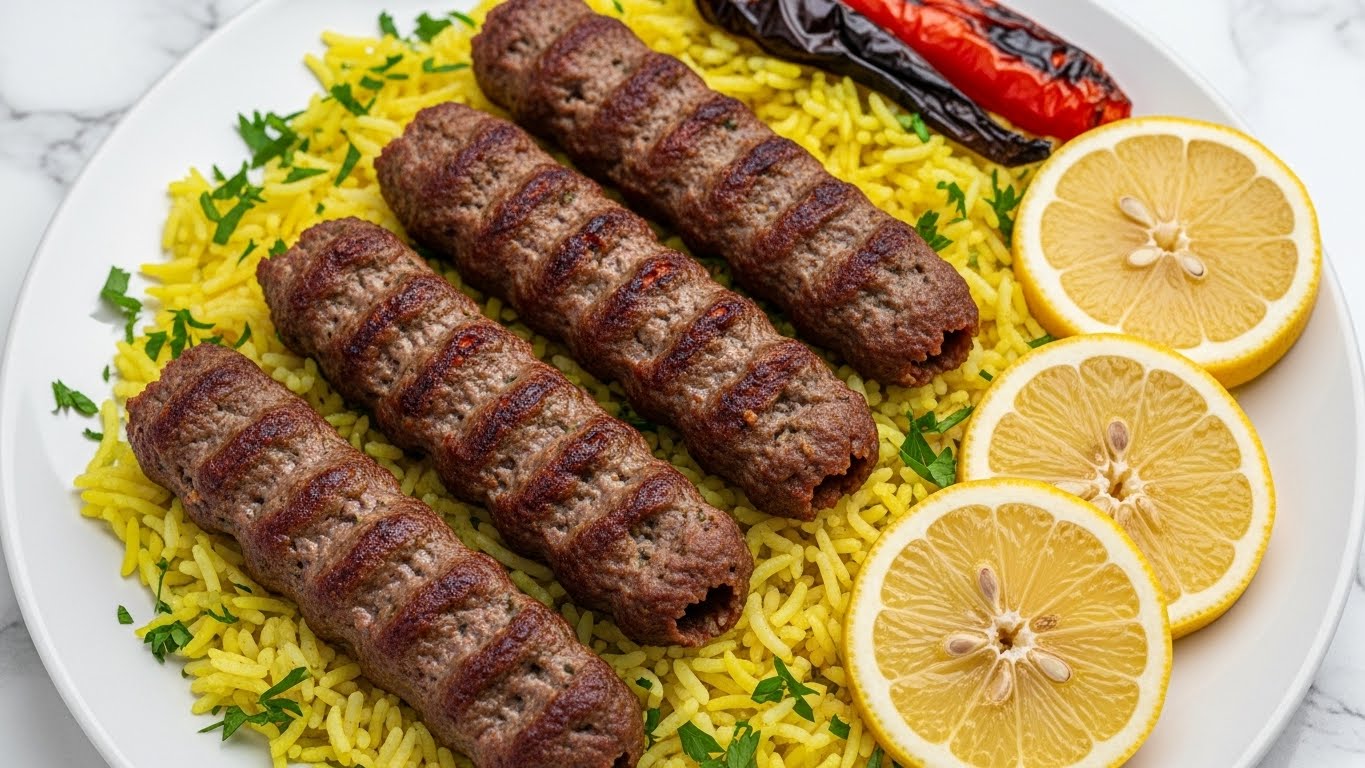 Four grilled meat skewers with a dark brown, slightly charred texture are placed diagonally on a bed of fluffy yellow rice sprinkled with small green herbs. On the right side, three lemon slices with visible seeds are arranged, and a few bright red pepper pieces are tucked near the top right corner. The dish sits on a white plate, and the background is a white marbled texture. photo taken with an iphone --ar 4:5 --v 7