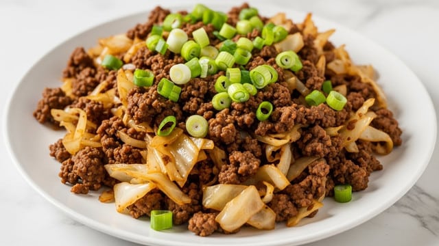 The dish shows a close-up of a single layer of cooked ground beef mixed thoroughly with sautéed light brown and translucent cabbage pieces, giving a moist and slightly glossy texture across the plate. The mixture is topped evenly with bright green chopped scallions that add a fresh color contrast. All the ingredients are placed on a white plate resting on a white marbled textured surface. photo taken with an iphone --ar 4:5 --v 7