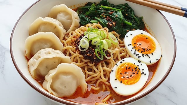 A white bowl with a brown rim holds four pale, soft dumplings on the left side, each with a slightly shiny and smooth surface. In the center, there are light brown curly noodles sitting in a rich, reddish broth with visible chili oil and seasoning floating on top. On the right side, two halves of a soft-boiled egg show bright orange yolks with black sesame seeds sprinkled over them. Above the eggs, dark green cooked spinach leaves are mixed with more seasoning, and green onion slices are scattered over the noodles. The bowl sits on a white marbled texture with wooden chopsticks placed near the top right corner. photo taken with an iphone --ar 4:5 --v 7