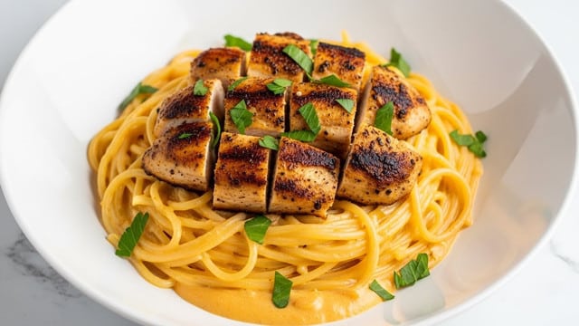A white deep bowl holds creamy spaghetti coated in a smooth, light orange sauce as the base layer, topped with golden-brown grilled chicken pieces that have a slightly charred texture, adding a crispy contrast. The chicken sits mainly in the center and is garnished with small, bright green parsley leaves scattered over the top, providing a fresh color pop. The sauce clings to the pasta, which forms a nest-like shape beneath the chicken. The whole dish is set against a white marbled surface, highlighting the warm tones of the food. photo taken with an iphone --ar 4:5 --v 7