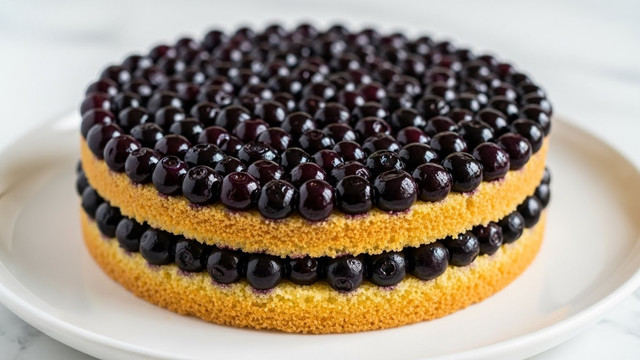 A single round cake with two clear layers is shown on a white plate. The bottom layer is thick and fluffy with a light golden yellow color and a slightly crumbly texture. The top layer is a thick spread of glossy, dark purple blueberries that look soft and juicy, covering the cake completely in an even, shiny layer. The cake sits on a white marbled surface, and the photo is close up showing the texture and colors of the cake very clearly. photo taken with an iphone --ar 4:5 --v 7