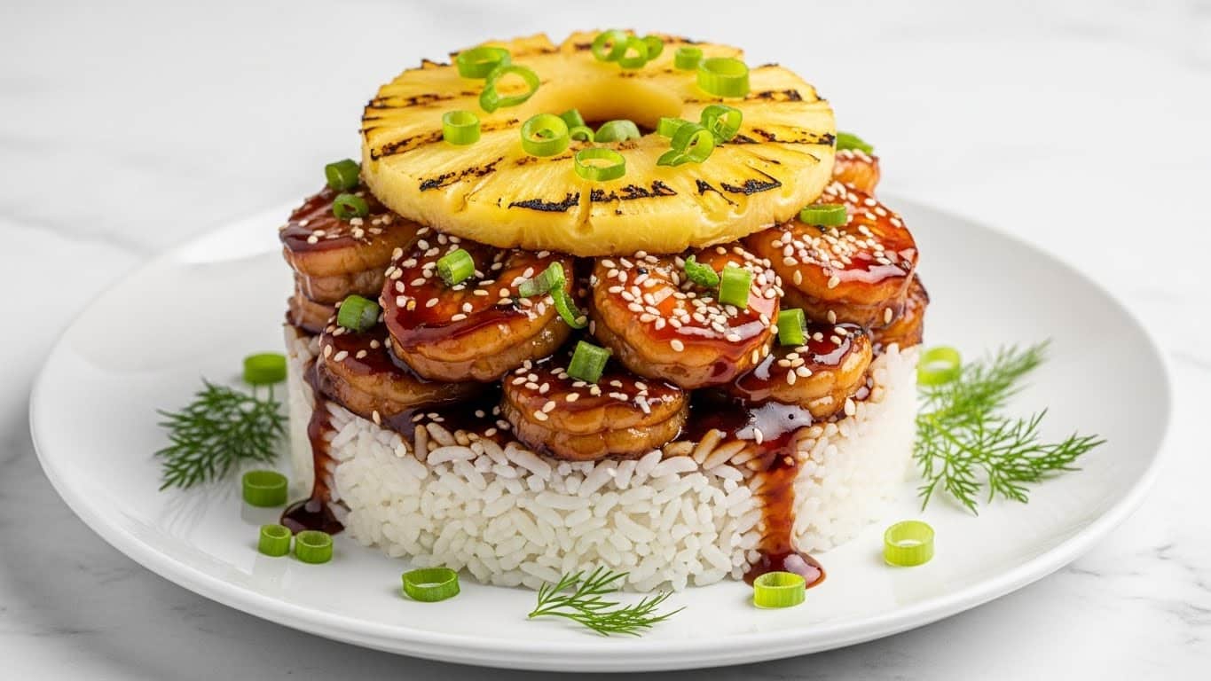A three-layered dish sits on a white plate over a white marbled texture. The bottom layer is a neat mound of white rice, fluffy with visible grains. On top of the rice is a thick layer of grilled shrimp glazed with a dark, shiny sauce, speckled with white sesame seeds and small green onion slices, giving a rich and textured look. The top layer is a grilled pineapple ring, golden yellow with char marks, garnished with fresh sliced green onions. Around the plate and rice are some sprigs of fresh dill or similar green herbs. The sauce drips slightly down the sides of the rice mound, adding a glossy touch. Photo taken with an iphone --ar 4:5 --v 7