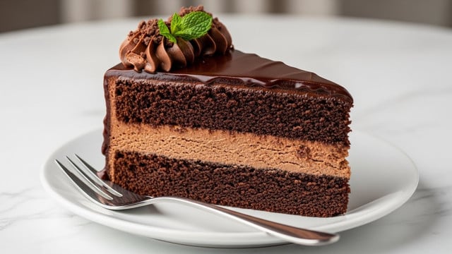 A slice of rich chocolate cake with three layers is shown on a white plate set on a white marbled surface. The bottom and top layers are dark, moist chocolate sponge, while the middle layer is a smooth milk chocolate filling. The top of the slice is covered with glossy dark chocolate ganache that drips slightly over the edges. On top, there is a swirl of thick dark chocolate frosting decorated with small chocolate crumbs and a fresh green mint leaf. A silver fork rests on the plate next to the cake. The background is softly blurred with neutral tones. Photo taken with an iphone --ar 4:5 --v 7
