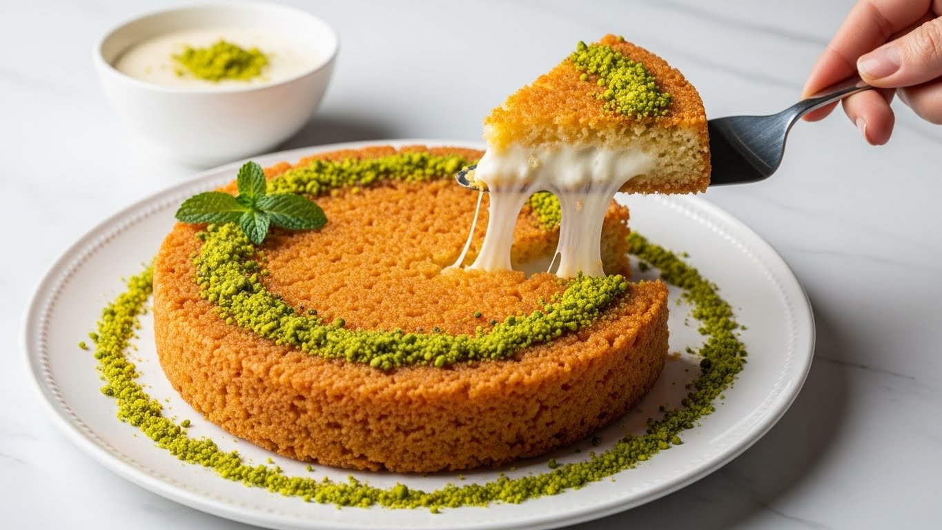 A round dessert with a golden-brown crispy outer layer sits on a white plate, decorated with a circle of chopped green pistachios and a small green mint leaf on one side. A silver spatula lifts a triangular piece from the dessert, showing a soft, melted white center with a slightly stretchy texture inside the crispy crust. In the background, there is a small white bowl filled with a pale creamy sauce, all placed on a white marbled surface. A woman's hand holds the spatula, emphasizing the dessert’s soft inside and crunchy outside layers, photo taken with an iphone --ar 4:5 --v 7