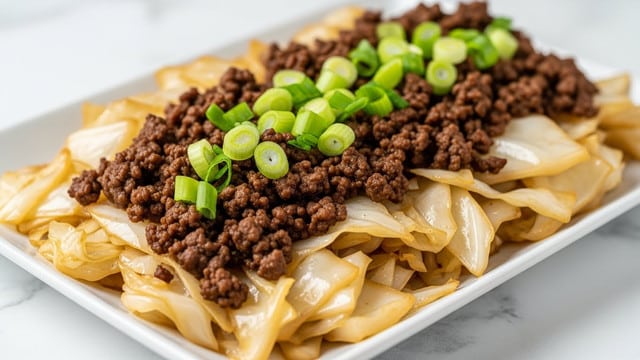 A close-up of a white rectangular plate filled with a stir-fry dish showing about two layers: the bottom layer of soft cooked cabbage pieces in light beige and translucent tones with a slightly glossy texture, and a thick top layer of dark brown cooked ground meat scattered evenly across. Bright green chopped scallions are sprinkled on top, adding pops of fresh color. The plate sits on a white marbled surface. photo taken with an iphone --ar 4:5 --v 7