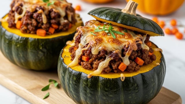 Two round green pumpkins, each hollowed out and filled with a rich, layered stuffing. The pumpkins have a shiny dark-green outer skin with a smooth texture, and their inner flesh is a bright golden yellow. On top of each is a thick layer of ground meat cooked to a deep brown, mixed with orange bits likely carrots, and covered by melted, browned cheese with bubbly and slightly crispy edges. Small green herb sprigs are sprinkled on top, adding a fresh touch. The pumpkins sit on a wooden board, with blurred pumpkins and some small orange berries in the background, all on a white marbled surface. photo taken with an iphone --ar 4:5 --v 7