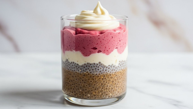 A clear glass filled with three layers, the bottom layer consists of small, round, translucent chia seeds soaked in a light brown liquid, creating a textured and dense base; above this is a smooth, thick, pinkish-red creamy layer with a fluffy texture; on top, a dollop of soft white cream swirled gently, adding a light, airy finish. The glass is set on a white marbled surface with a soft, light background, and the image is brightly lit to show texture and color details clearly. photo taken with an iphone --ar 4:5 --v 7