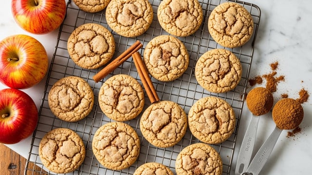 The image shows a cooling rack filled with about ten round, golden brown cookies that have a slightly cracked texture on their surface, with darker brown spots indicating bits of cinnamon or spice inside. There are two cinnamon sticks placed diagonally among the cookies, adding a woody brown color and rough texture. Around the rack, three red apples with yellow patches add a fresh, shiny contrast. On the right side, two metal measuring spoons hold ground cinnamon and a mix of sugar and spices, both powders showing smooth textures and warm brown colors. The background is a white marbled surface with parts of a wooden table visible underneath the rack. photo taken with an iphone --ar 4:5 --v 7