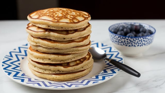 A stack of six thick pancakes with a golden brown color and a slightly uneven surface, showing soft and fluffy texture, sits on a white plate with blue zigzag-like patterns. To the right side of the plate, a small white bowl with blue patterns holds dark purple blueberries along with a silver spoon with a black handle resting on it. The whole setup is on a white marbled surface with a dark blur in the background. photo taken with an iphone --ar 4:5 --v 7