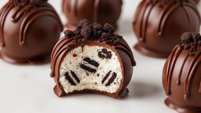 The image shows several round chocolate truffles with a smooth, shiny outer chocolate layer. The truffle in the front has a bite taken out, revealing a creamy white inside mixed with small dark cookie pieces. The outer chocolate shell is decorated with dark chocolate drizzle on top, and some crushed cookie bits are sprinkled on the upper part. They are placed on a white marbled surface. Photo taken with an iphone --ar 4:5 --v 7