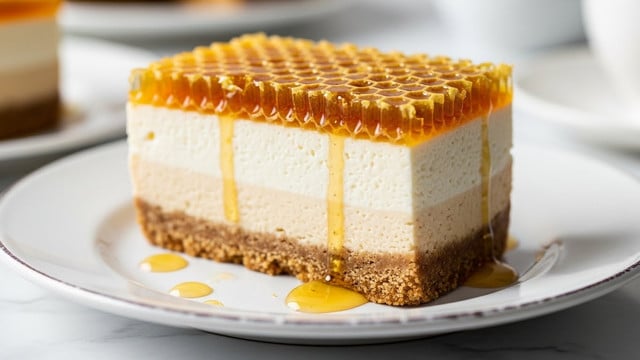 A close-up of a slice of honeycomb cheesecake on a white plate with a slightly worn rim, sitting on a white marbled surface. The dessert has three visible layers: the bottom layer is a crumbly, brown biscuit crust; above it is a thick, creamy off-white cheesecake layer with a smooth texture; the top layer is a glossy, amber honeycomb pattern with small hexagonal cells filled with shiny honey. Drops of honey are scattered around the plate near the cheesecake. The background is softly blurred, showing hints of other desserts and a cup. Photo taken with an iphone --ar 4:5 --v 7