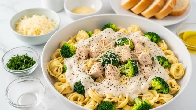 The dish shows a pan full of creamy sauce with three main layers: golden browned chicken pieces with a slightly crispy texture on top, bright green broccoli florets sprinkled evenly around, and creamy tortellini pasta with a smooth and soft surface mixed throughout. The sauce is light beige, rich, and thick, coating the ingredients with small bits of green herbs scattered for color and texture. Thin strands of grated cheese are sprinkled on the top, adding a delicate finish to the dish. The pan sits on a white marbled surface, and the photo focuses closely on the food to show the texture and colors clearly. photo taken with an iphone --ar 4:5 --v 7