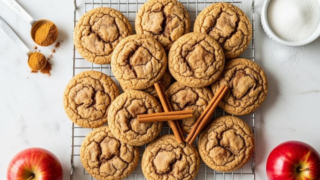 A group of nine warm-looking cinnamon cookies with cracked tops are arranged close together on a metal cooling rack over a white marbled surface. The cookies are light brown with darker cinnamon swirls and a slightly rough texture. Two cinnamon sticks lie diagonally on the cookies, adding a rustic touch. Around the cookies, there are metal measuring spoons with light brown cinnamon powder and granulated sugar, as well as a small white bowl filled with granulated sugar. Two red apples with a smooth skin are placed near the bottom and right edges of the image. The overall setting feels cozy and inviting. Photo taken with an iphone --ar 4:5 --v 7