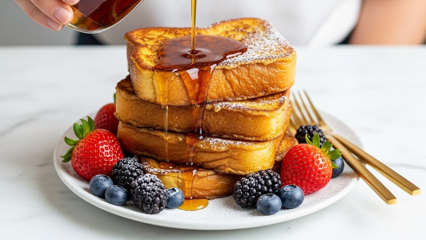 A stack of four thick slices of French toast with golden-brown crispy edges sits on a white plate on a white marbled surface, dusted lightly with powdered sugar. The slices are layered slightly unevenly, showing the soft, fluffy inside with a light yellow color. Fresh strawberries, blackberries, and blueberries are arranged around the base of the stack, adding bright red, deep purple, and blue colors. A woman's hand pours amber maple syrup over the top slice, letting it drip down the sides, creating a glossy shine. Two gold forks rest on the plate next to the toast, enhancing the warm and inviting scene. photo taken with an iphone --ar 4:5 --v 7