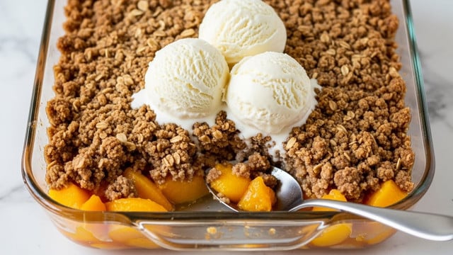 A clear glass baking dish filled with a peach crumble dessert showing three layers: the bottom layer has soft, bright orange peach chunks with a juicy texture; the middle layer is a thick, crumbly topping made of brown oat crumble with a rough texture; the top layer features three round scoops of creamy white vanilla ice cream melting slightly over the crumble; a silver spoon is partially dipped into the dessert revealing the peach layer underneath, all set on a white marbled surface. photo taken with an iphone --ar 4:5 --v 7