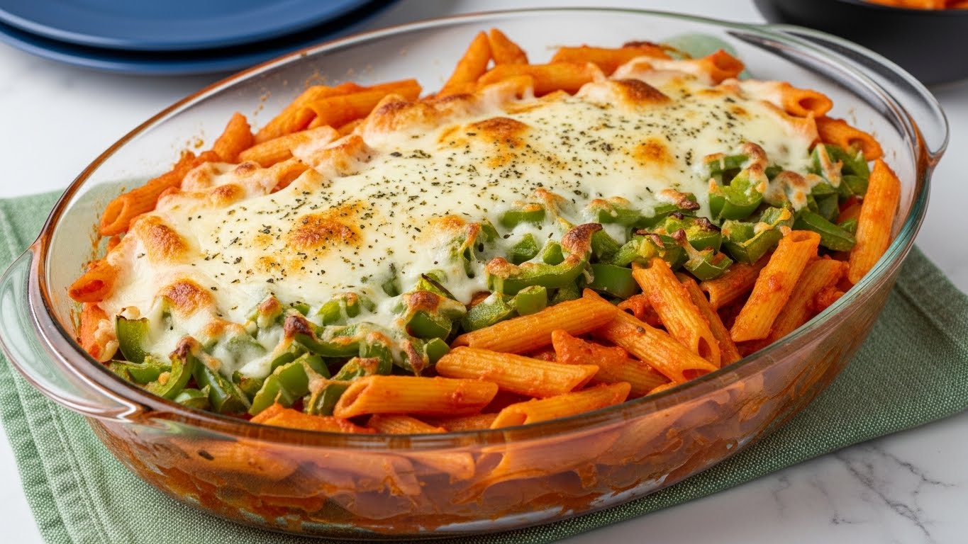 A white woman's hand holds a dark blue plate filled with baked pasta. The dish has three visible layers: the bottom layer is penne pasta mixed with browned meat chunks and diced green bell peppers, the middle layer is a thick, melted white cheese sauce covering the pasta, and the top layer is bubbly melted cheese sprinkled with dried herbs and additional small green bell pepper pieces. In the background, there is more pasta and meat on a dark blue plate, all set on a white marbled surface with a purple patterned cloth partially visible. photo taken with an iphone --ar 4:5 --v 7