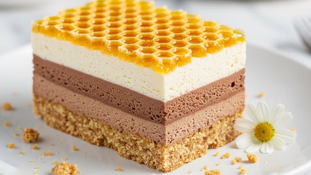A close-up of a slice of layered dessert on a white plate showing three distinct layers: the bottom layer is a crumbly, light brown crust with a rough texture, the middle layer is a smooth, chocolate brown filling, and the top layer is a thick, creamy white topping covered with a golden brown honeycomb pattern with a shiny, slightly translucent texture. Small crumbs are scattered around the plate, and a small white flower with a yellow center is placed on the plate near the slice. The background is softly blurred with hints of a white marbled texture. photo taken with an iphone --ar 4:5 --v 7