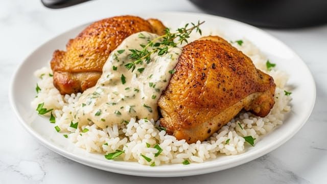 The dish shows two browned pieces of chicken with crispy, slightly charred edges topped with green herb sprinkles and covered in a creamy yellow sauce. The chicken rests on a bed of white rice that looks soft and fluffy, also partially covered by the same sauce. The food is served in a black skillet, with a silver spoon placed behind the chicken. The background includes a small brown bowl with more sauce and green herbs, all on a white marbled surface. photo taken with an iphone --ar 4:5 --v 7