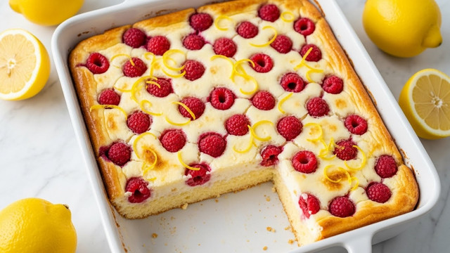 The image shows a square white baking dish filled with a baked raspberry lemon dessert. The dessert has one thick yellowish base layer with a soft texture, topped with a creamy white layer that has a slightly browned surface. Scattered evenly across the top are whole red raspberries embedded in the cream layer, and thin strips of yellow lemon zest rest on top in a casual pattern. A square piece has been cut out from the bottom right corner, revealing the smooth, fluffy texture inside. The dish is set on a white marbled surface with whole and halved yellow lemons placed around it for decoration. photo taken with an iphone --ar 4:5 --v 7