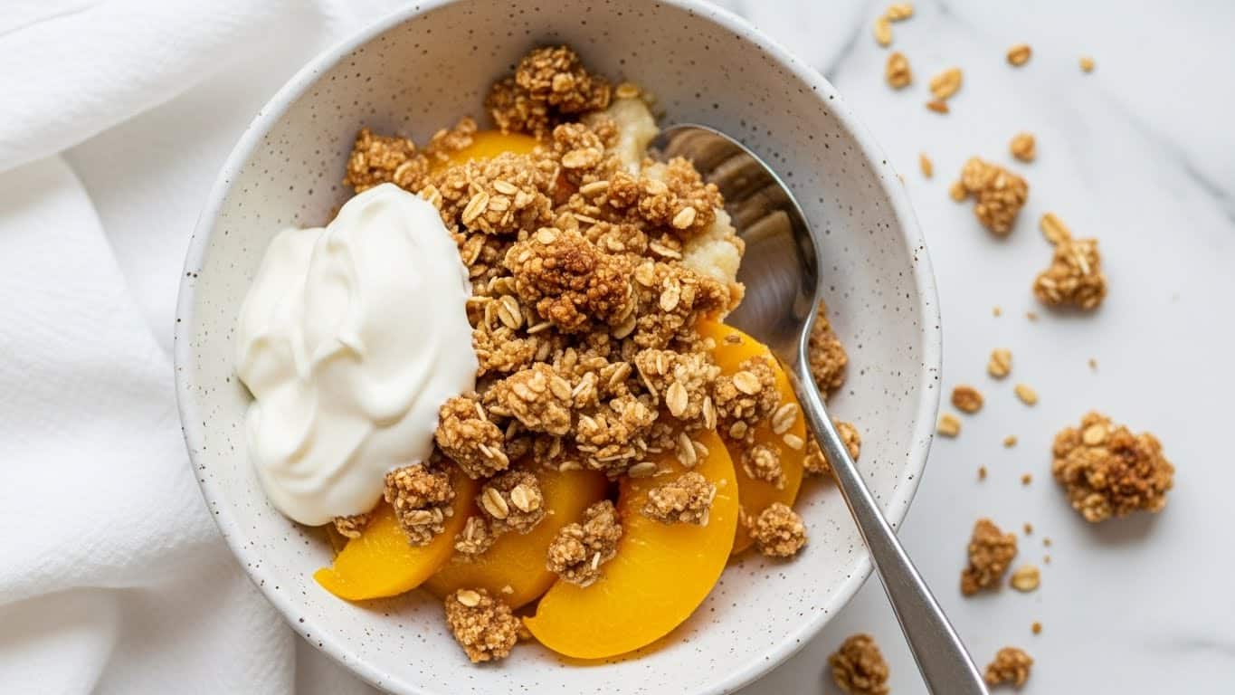 A white speckled bowl holds a layered peach crumble dessert resting on a white marbled surface with a white cloth beneath. The bottom layer shows bright yellow peach slices partly covered by a chunky, golden-brown oat crumble with a rough texture on top. A dollop of thick white cream covers part of the crumble on one side. A shiny metal spoon lies inside the bowl on the right side, reflecting light subtly. Scattered crumble pieces surround the bowl on the white marbled surface. Photo taken with an iphone --ar 4:5 --v 7