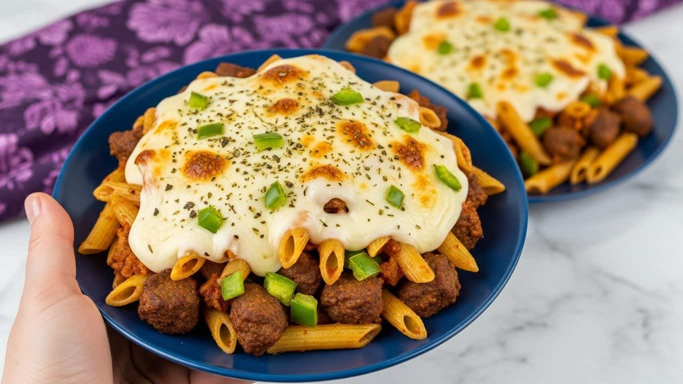 A clear glass oval baking dish contains a baked pasta casserole with three visible layers. The bottom layer is orange-red penne pasta coated in sauce, scattered evenly. The middle layer has bright green chopped peppers mixed within the pasta. The top layer is a bubbly, melted white cheese with some golden-brown toasted spots and sprinkled black herbs across the surface. The dish sits on a green and white cloth on a white marbled surface. In the background, a blue plate and a black bowl with some extra pasta are partly visible. Photo taken with an iphone --ar 4:5 --v 7