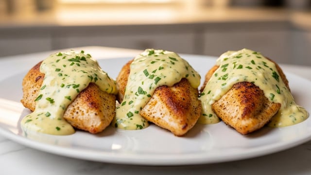 Three pieces of browned chicken breast are placed on a white plate, each topped with a thick layer of pale yellow sauce speckled with chopped green herbs. The chicken has a crispy, golden-brown texture beneath the sauce, which pools around the base of the chicken halves. The background is a soft-focused kitchen setting with warm light coming through a window and a white marbled surface under the plate. photo taken with an iphone --ar 4:5 --v 7
