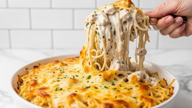 A close-up of creamy baked spaghetti in a white dish resting on a white marbled surface. The spaghetti noodles are generously coated in a thick, cheesy white sauce mixed with herbs and small chunks of chicken, creating a rich, textured layer. The top layer shows melted, golden cheese that is slightly browned around the edges, indicating it was baked. A woman's hand is lifting a generous scoop of the creamy spaghetti, showing the smooth, gooey texture and strands of noodles dripping from the scoop. The background features white tiled walls, giving a clean kitchen look. Photo taken with an iphone --ar 4:5 --v 7