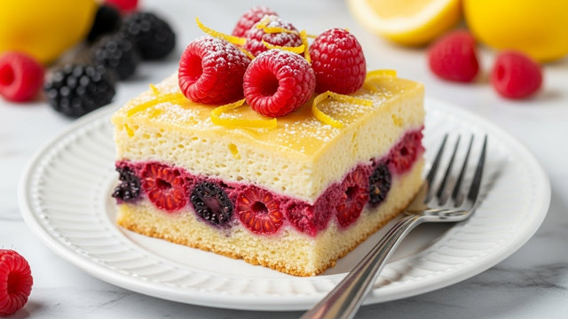 A square piece of cake is placed on a white plate with a slightly raised edge. The cake has two visible layers: a light yellow creamy layer on top with raspberries and dark berries embedded inside the lower layer. The top is decorated with fresh red raspberries and small strips of bright yellow lemon zest, along with a light dusting of powdered sugar. A metal fork rests on the plate’s right side. The background has a white marbled texture, with some blurred lemons and berries in the back. Photo taken with an iphone --ar 4:5 --v 7