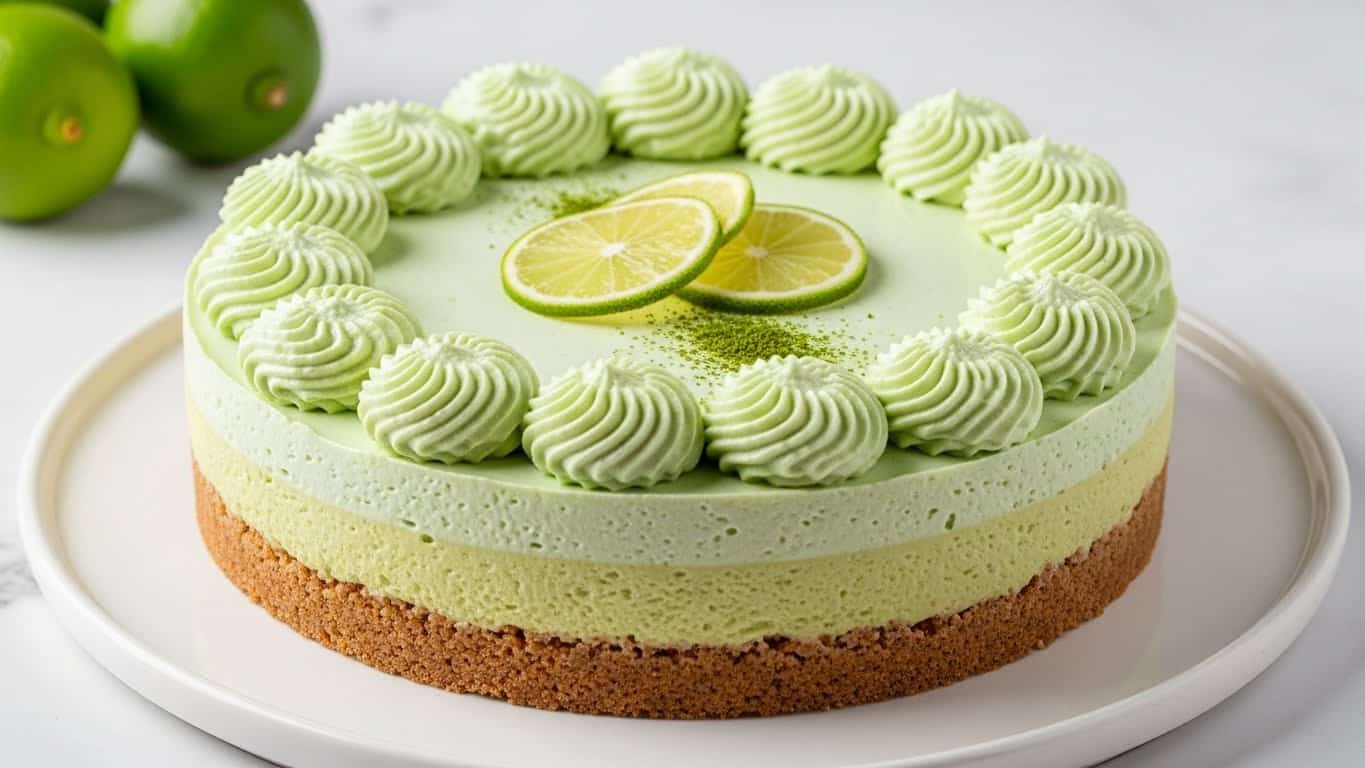 A round cake with three clear layers: a crumbly, light brown crust at the bottom; a smooth, pale green middle layer with a creamy texture; and a ring of piped light green cream swirls evenly placed around the top edge. Three thin, round slices of lime are placed in the center on top, partly overlapping each other, with a small sprinkle of green powder nearby. The cake sits on a white round plate on a white marbled surface, with green limes blurred softly in the background. Photo taken with an iphone --ar 4:5 --v 7