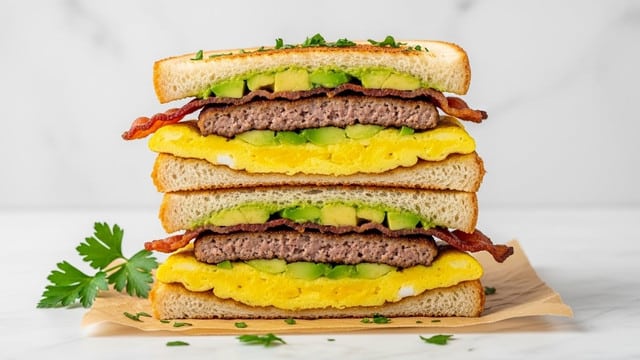 A thick breakfast sandwich is cut in half and stacked, showing four layers of white toasted bread with a slight golden crisp. The bottom layer contains cooked sausage patty, topped by a crispy bacon strip, and a layer of bright yellow scrambled eggs mixed with chunks of green avocado. The same layers repeat in the second half: white toasted bread, sausage patty, bacon, avocado mixed scrambled eggs, and another slice of toasted bread on top sprinkled with small green herbs. The sandwich sits on brown parchment with a sprig of parsley beside it, all against a clean white marbled surface backdrop. photo taken with an iphone --ar 4:5 --v 7
