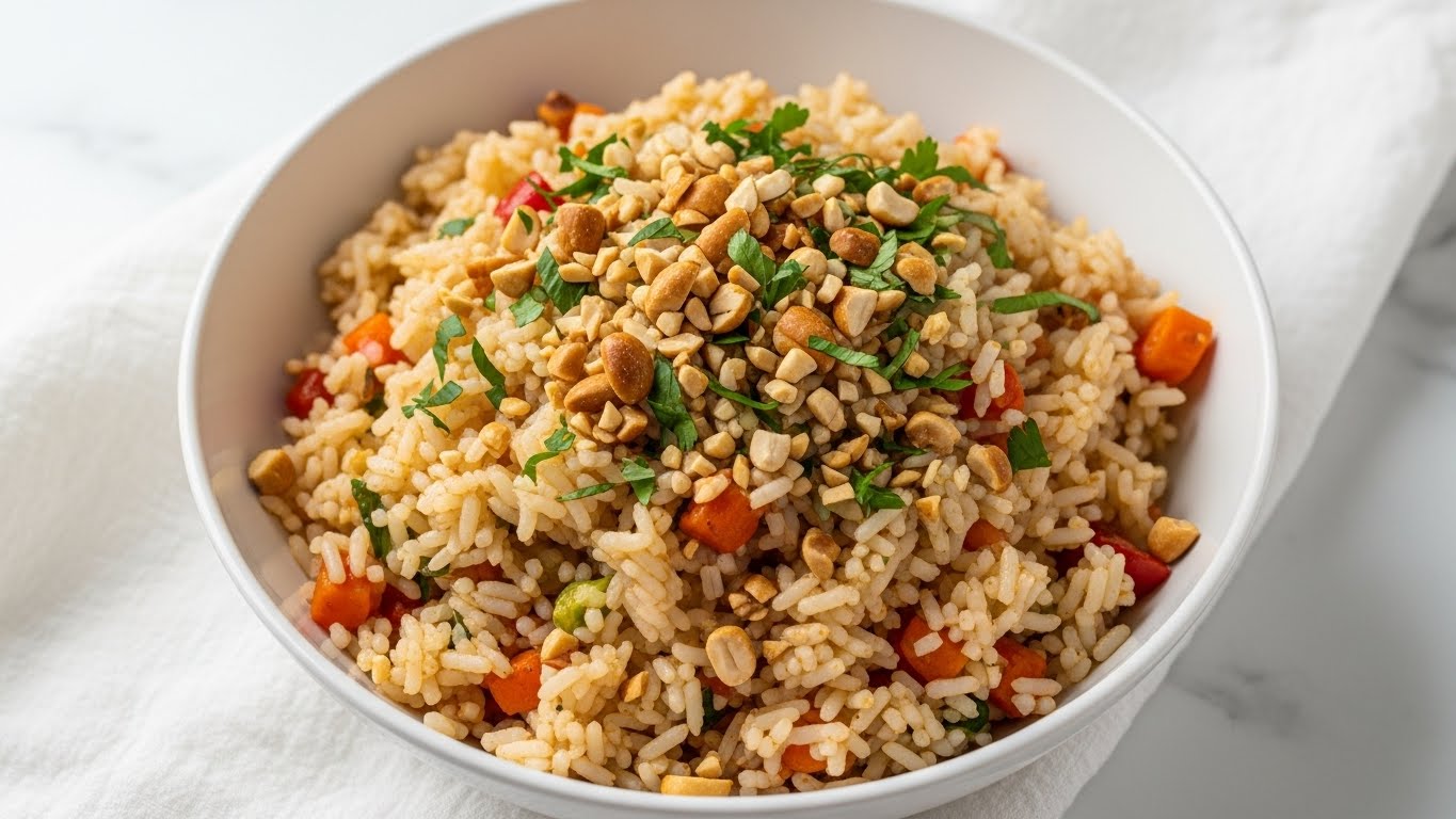 A white bowl filled with fluffy white rice mixed with small pieces of orange and red vegetables, sprinkled with chopped green herbs and light brown toasted nuts scattered evenly on top and throughout the dish, creating a colorful and textured look. The bowl sits on a soft white cloth, all placed on a white marbled surface. The photo taken with an iphone --ar 4:5 --v 7