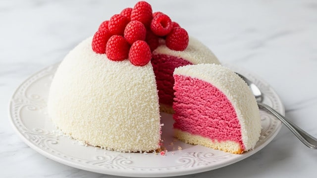 The image shows a round cake on a white plate with scalloped edges, sitting on a white marbled surface. The cake has multiple layers, with a bright pink inside covered in white frosting and shredded coconut on the outside. The top is decorated with a circle of fresh red raspberries dusted with powdered sugar. A slice is missing, revealing the pink inner layers contrasted with the white coconut exterior. Powdered sugar is lightly sprinkled around the plate, and a golden spoon lies next to the cake on the plate. Photo taken with an iphone --ar 4:5 --v 7