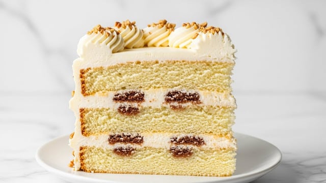 A slice of three-layer white cake with light brown spots inside each soft, crumbly layer. Between each cake layer is a thick, smooth, creamy white frosting. The top is covered with the same creamy frosting, decorated with swirls, and sprinkled with chopped light brown nuts. The cake sits on a white plate on a white marbled surface. photo taken with an iphone --ar 4:5 --v 7
