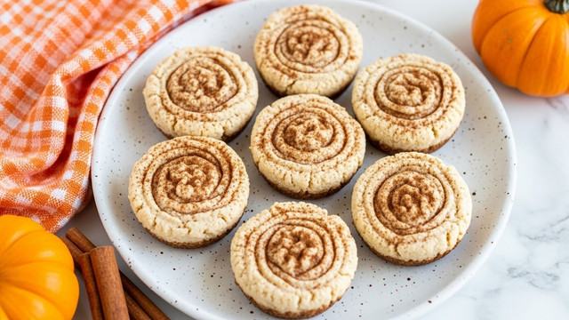 The image shows seven round cookies arranged on a white speckled plate. Each cookie has a light beige color with a slightly rough, swirled texture on top and is sprinkled with brown cinnamon powder. The plate sits on a white marbled surface, with an orange and white checkered cloth folded on the upper left side and a small orange pumpkin and two cinnamon sticks partially visible near the plate. The overall look is warm and inviting, with autumn colors and soft lighting. photo taken with an iphone --ar 4:5 --v 7