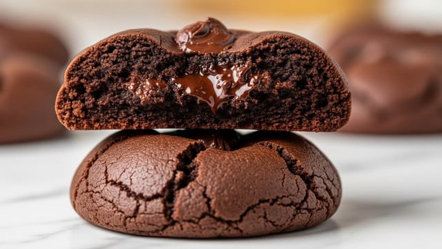 The image shows a close-up of two stacked chocolate cookies on a white marbled surface, with the top cookie broken in half to reveal its moist, dense, and fudgy inside that is dark brown and textured with gooey chocolate chunks. The cookie at the bottom looks slightly crispy with a cracked surface and a rich, dark brown color. The background is softly blurred with warm tones, bringing focus to the rich textures and colors of the cookies. photo taken with an iphone --ar 4:5 --v 7