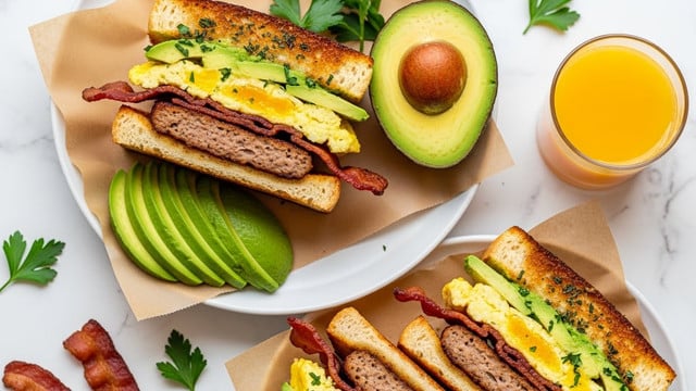 The image shows a breakfast sandwich cut in half on a piece of brown paper placed in a white plate with a toasted golden brown top layer sprinkled with herbs, followed by a layer of green avocado slices, crispy reddish-brown bacon strips, soft yellow scrambled eggs, and a sausage patty layered between two slices of toasted white bread. Next to the sandwich halves are three avocado slices with a bright green color. A second sandwich with the same layers is partially visible at the bottom right. There is a small glass of orange juice with a fresh orange color on a white marbled surface near the plate, along with some scattered parsley sprigs and bacon bits around. photo taken with an iphone --ar 4:5 --v 7